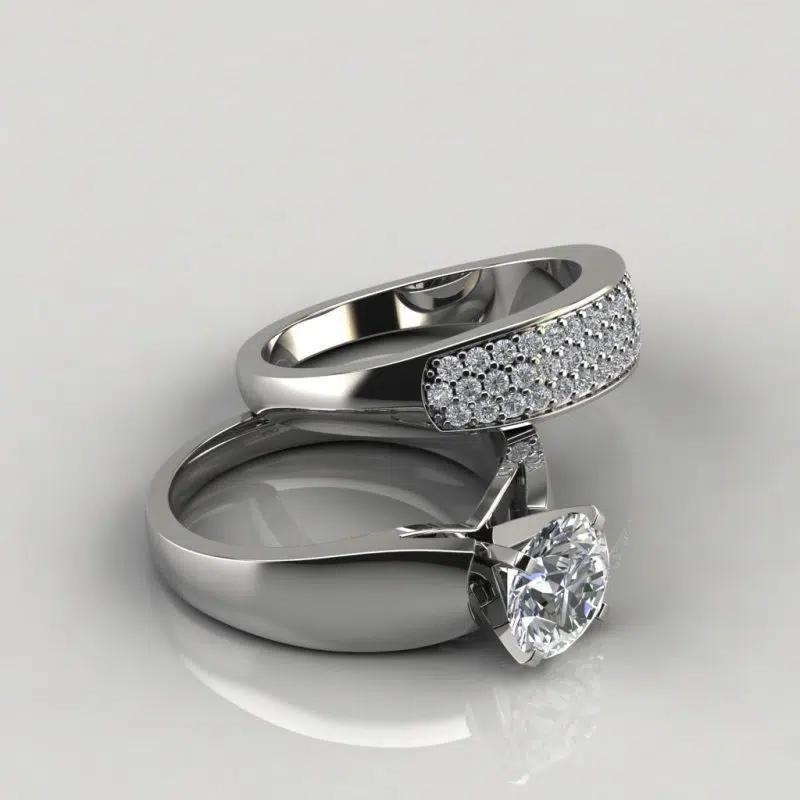 Moissanite Wide Band Engagement Ring and Wedding Band Bridal Set