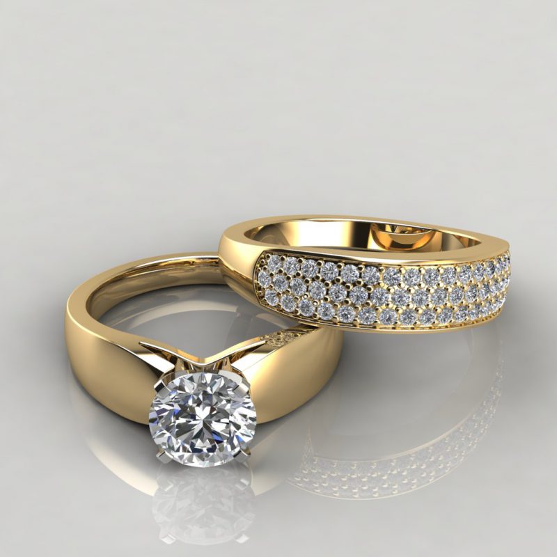 yellow gold wide band moissanite bridal set with 52 round brilliant cut side stones