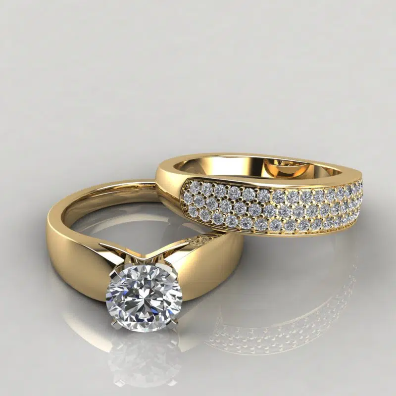 Moissanite Wide Band Engagement Ring and Wedding Band Bridal Set