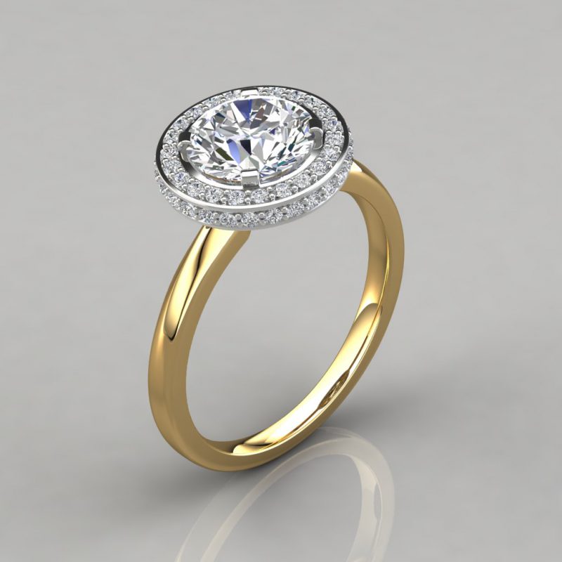 yellow gold trio micro pave round cut halo moissanite engagement ring by forever moissanite