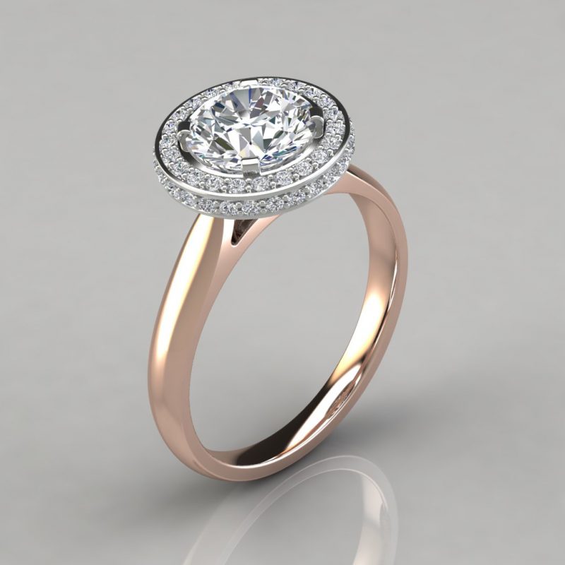 rose gold two sided micro pave halo style moissanite engagement ring