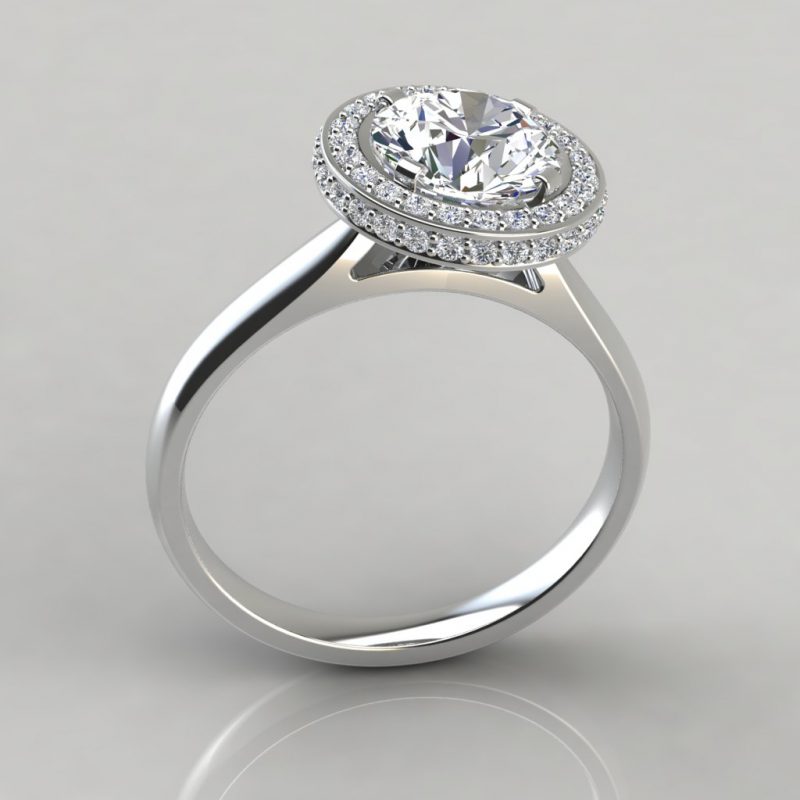 white gold two sided micro pave halo style moissanite engagement ring