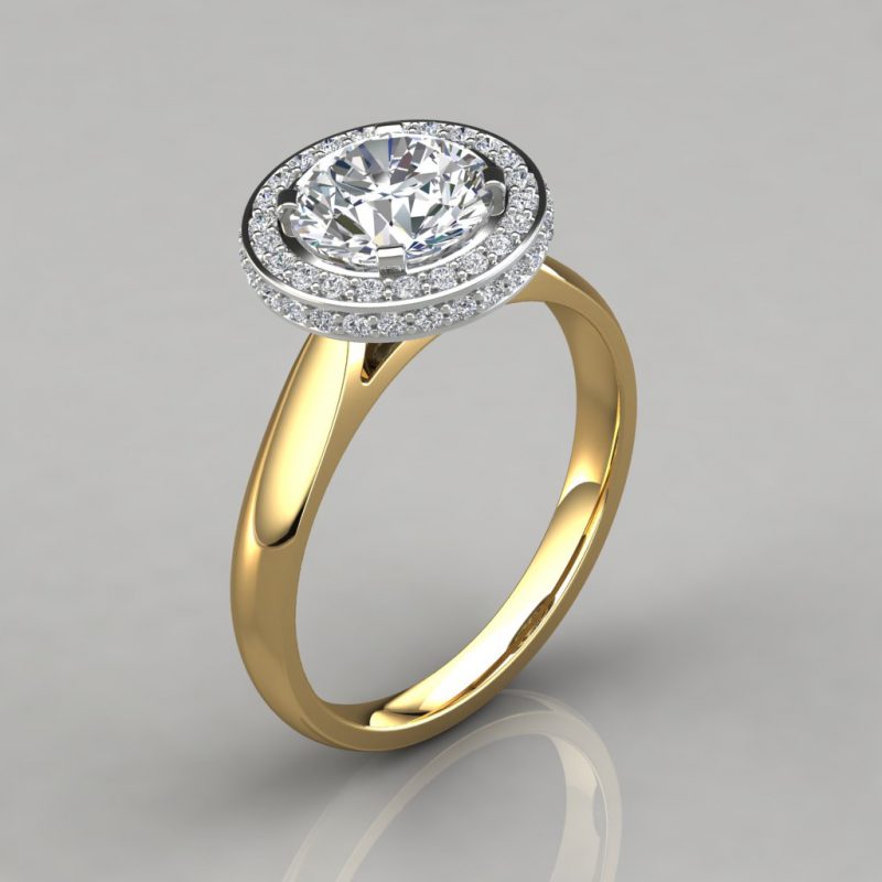yellow gold two sided micro pave halo style moissanite engagement ring