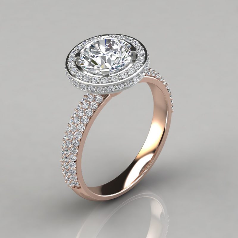 rose gold trio micro pave round cut halo moissanite engagement ring with side stones