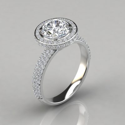 Trio Micro Pave Round Cut Halo Moissanite Engagement Ring