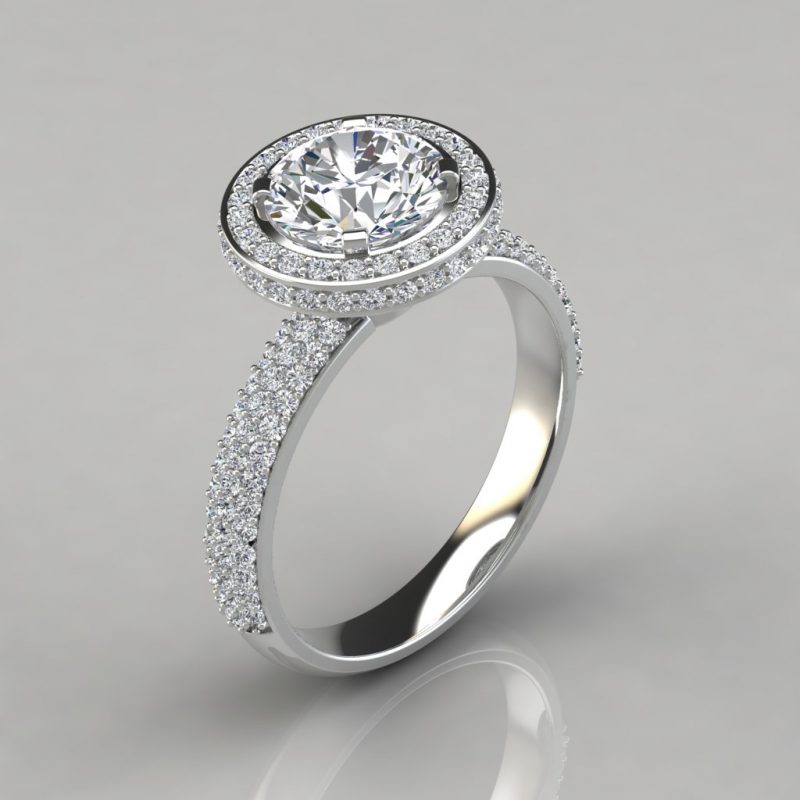 white gold trio micro pave round cut halo moissanite engagement ring with side stones