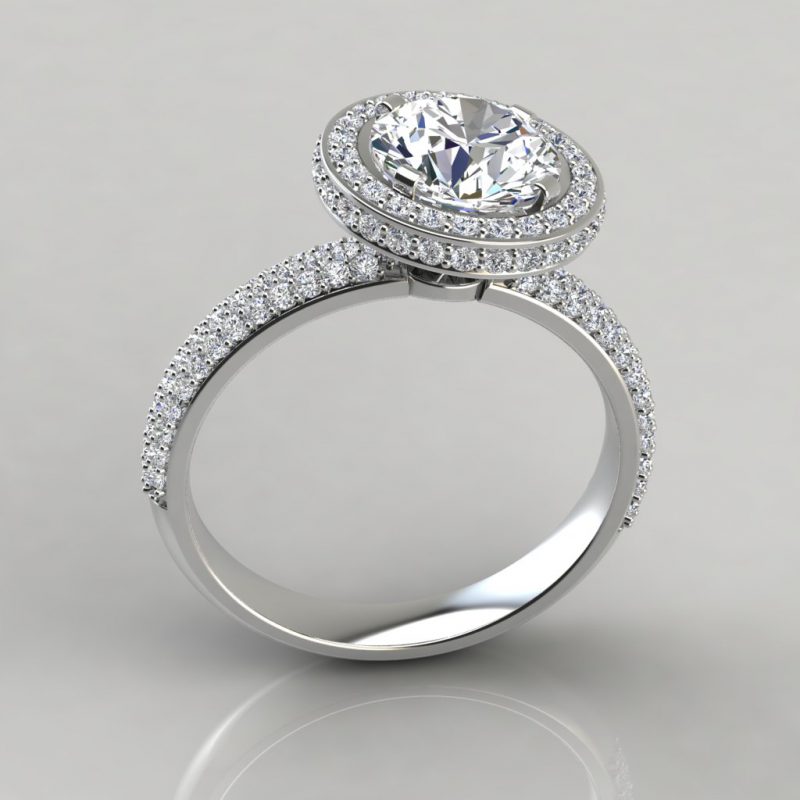 white gold trio micro pave round cut halo moissanite engagement ring by forever moissanite