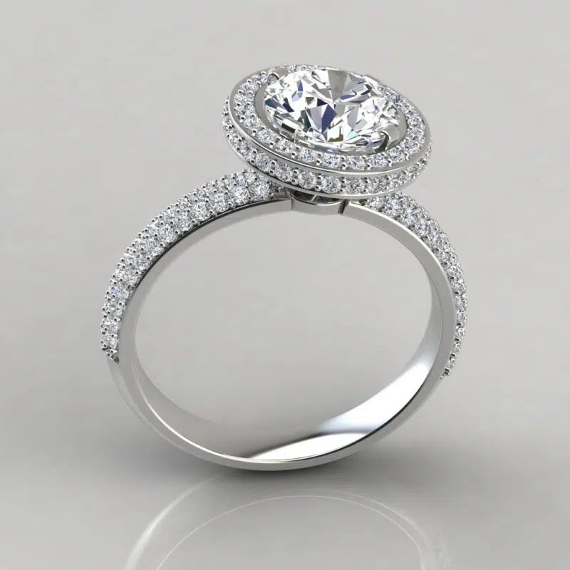 Trio Micro Pave Round Cut Halo Moissanite Engagement Ring