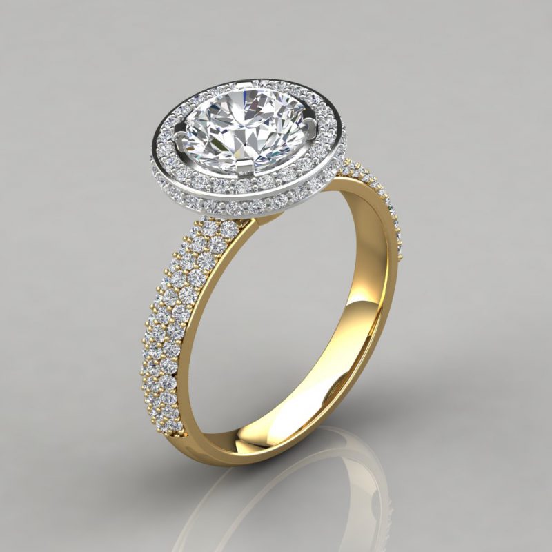 yellow gold trio micro pave round cut halo moissanite engagement ring with side stones