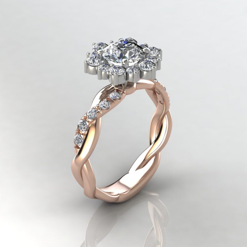 rose gold snowflake style halo twist moissanite engagement ring