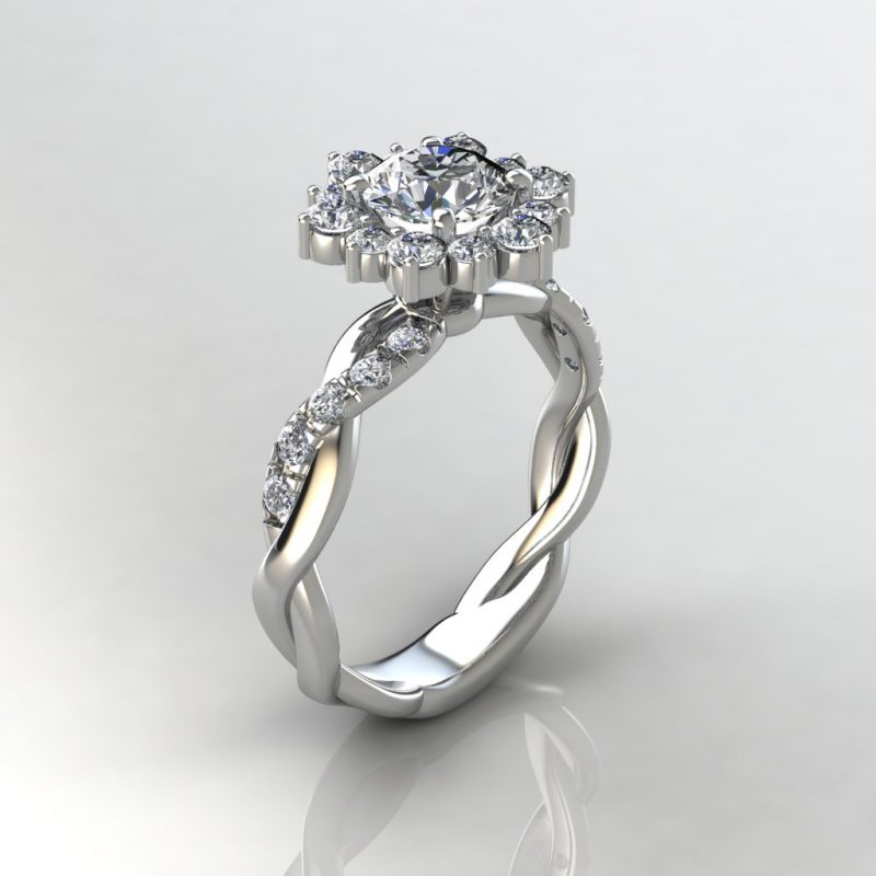 white gold snowflake style halo twist moissanite engagement ring