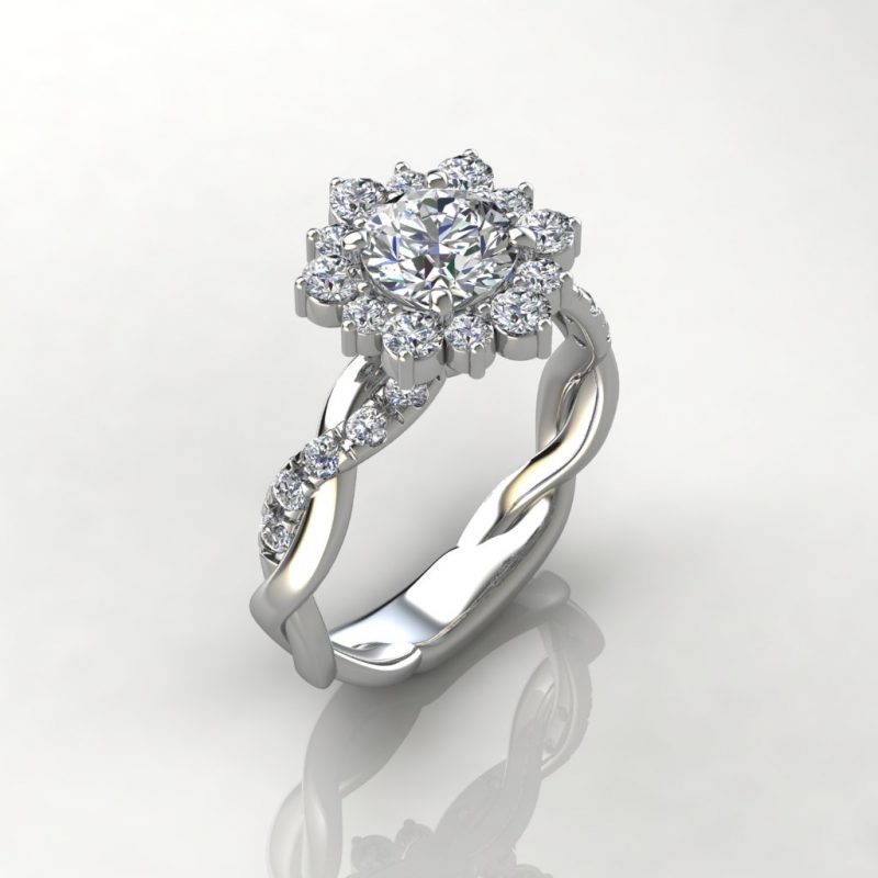 white gold snowflake style halo twist moissanite engagement ring