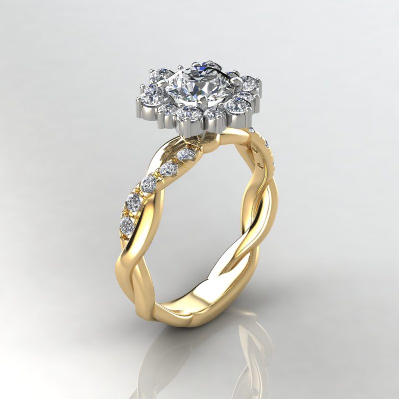 yellow snowflake style halo twist moissanite engagement ring