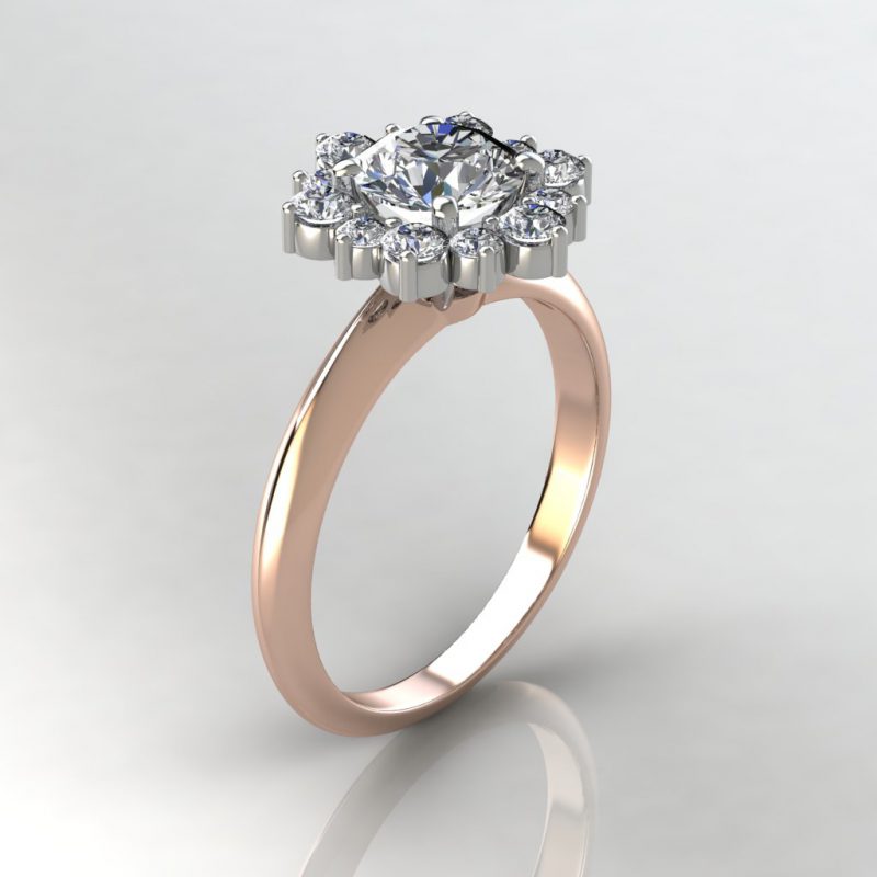 rose gold Snowflake Halo Round Cut Moissanite Engagement Ring