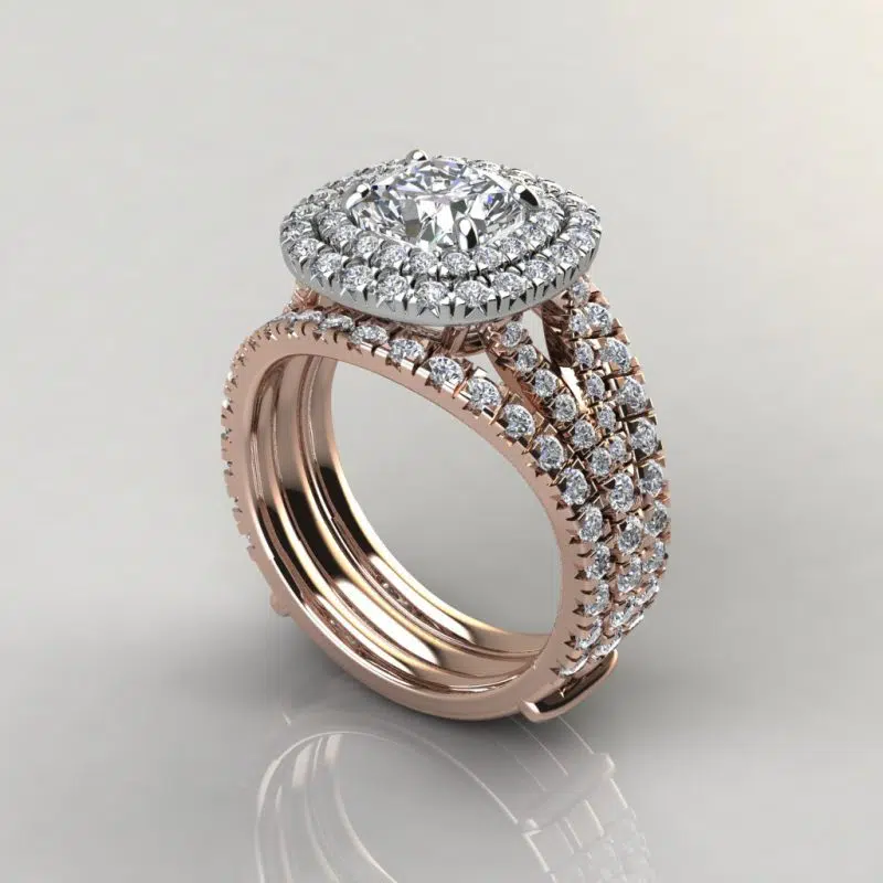 Moissanite Double Halo Engagement Ring and Matching Enhancer Ring Set