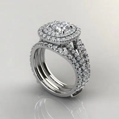 Moissanite Double Halo Engagement Ring and Matching Enhancer Ring Set