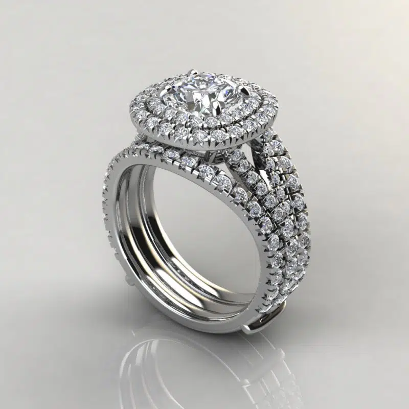 Moissanite Double Halo Engagement Ring and Matching Enhancer Ring Set