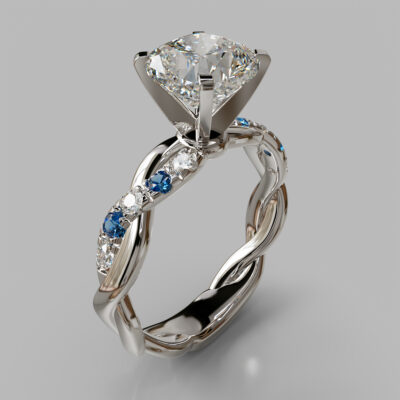 Twist Cushion Cut Blue Sapphire And Moissanite Engagement Ring