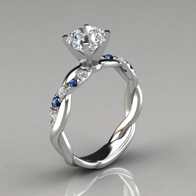 Twist Cushion Cut Blue Sapphire And Moissanite Engagement Ring