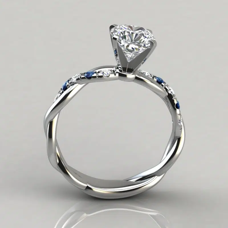 Twist Cushion Cut Blue Sapphire And Moissanite Engagement Ring