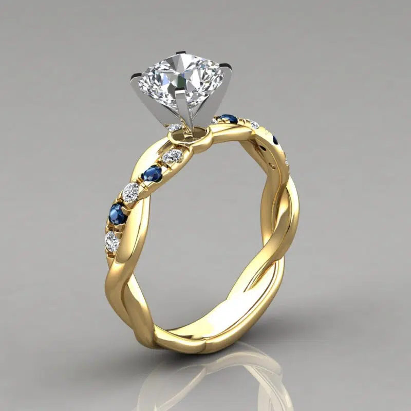 Twist Cushion Cut Blue Sapphire And Moissanite Engagement Ring