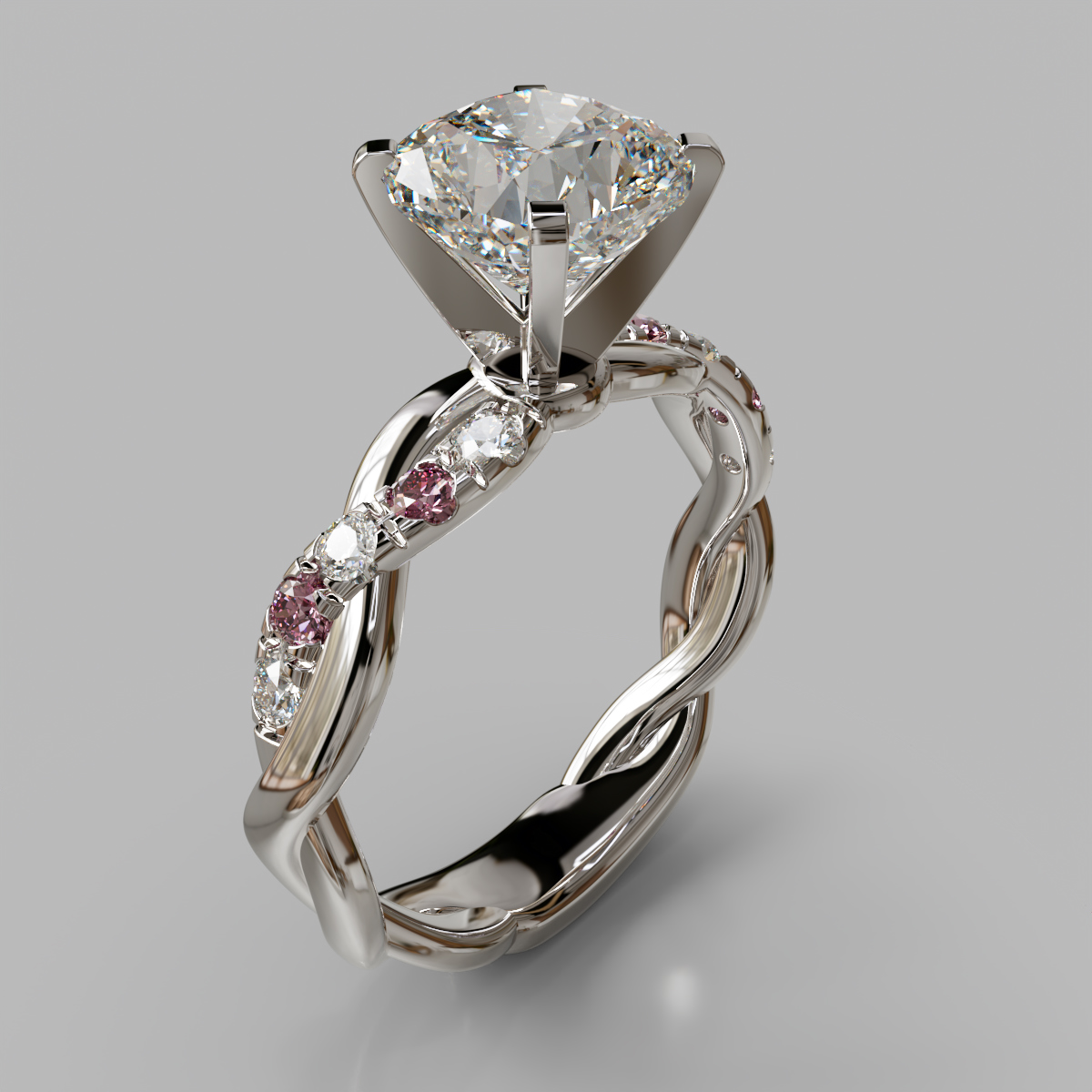 Twist Cushion Cut Pink Sapphire And Moissanite Engagement Ring