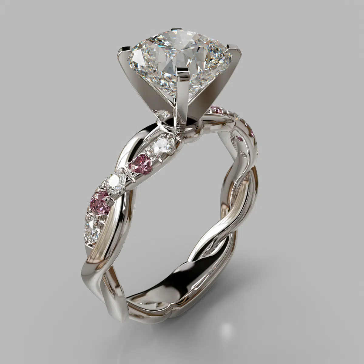 Twist Cushion Cut Pink Sapphire And Moissanite Engagement Ring Twist Cushion Cut Pink Sapphire And Moissanite Engagement Ring