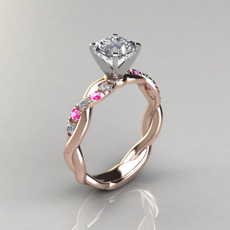 Twist Cushion Cut Pink Sapphire And Moissanite Engagement Ring