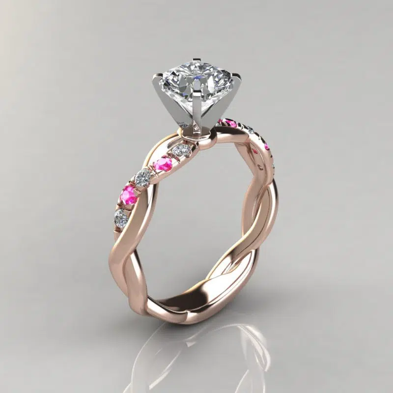 Twist Cushion Cut Pink Sapphire And Moissanite Engagement Ring
