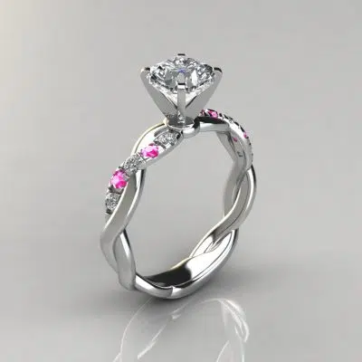 Twist Cushion Cut Pink Sapphire And Moissanite Engagement Ring