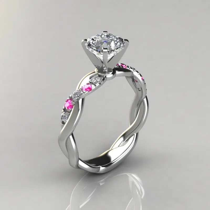 Twist Cushion Cut Pink Sapphire And Moissanite Engagement Ring