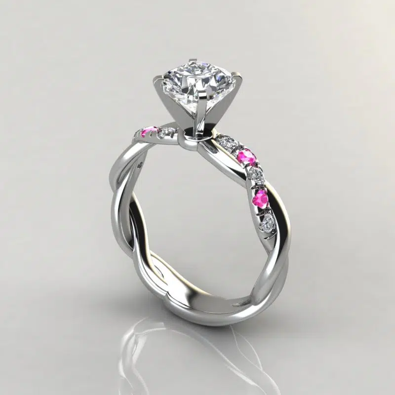 Twist Cushion Cut Pink Sapphire And Moissanite Engagement Ring