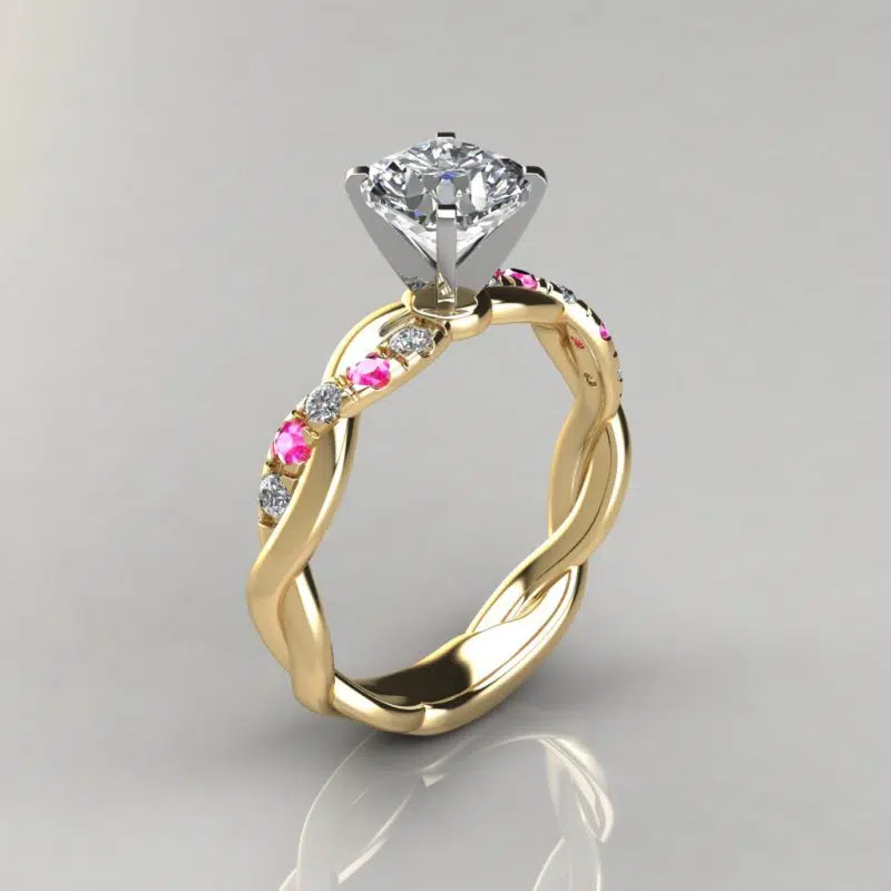 Twist Cushion Cut Pink Sapphire And Moissanite Engagement Ring