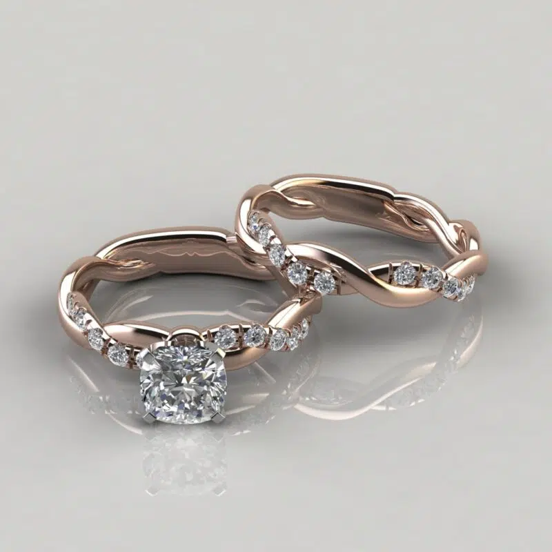 Twist Cushion Cut Moissanite Engagement Ring and Wedding Band Set