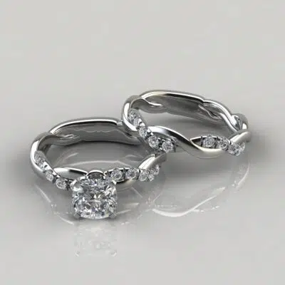 Twist Cushion Cut Moissanite Engagement Ring and Wedding Band Set