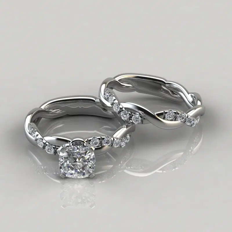 Twist Cushion Cut Moissanite Engagement Ring and Wedding Band Set