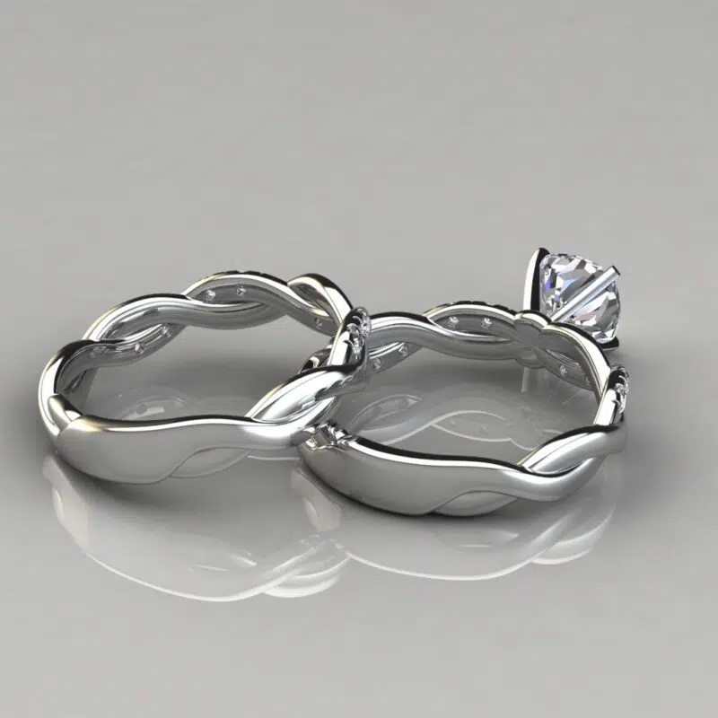 Twist Cushion Cut Moissanite Engagement Ring and Wedding Band Set