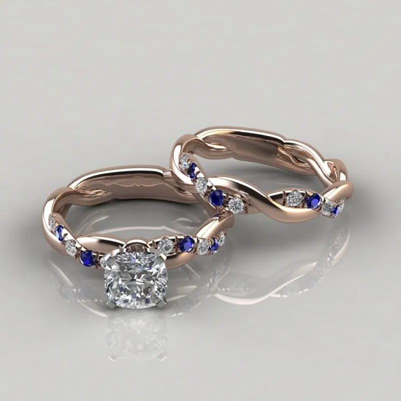 Twist Moissanite Cushion Cut Bridal Set With Blue Sapphires