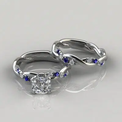 Twist Moissanite Cushion Cut Bridal Set With Blue Sapphires