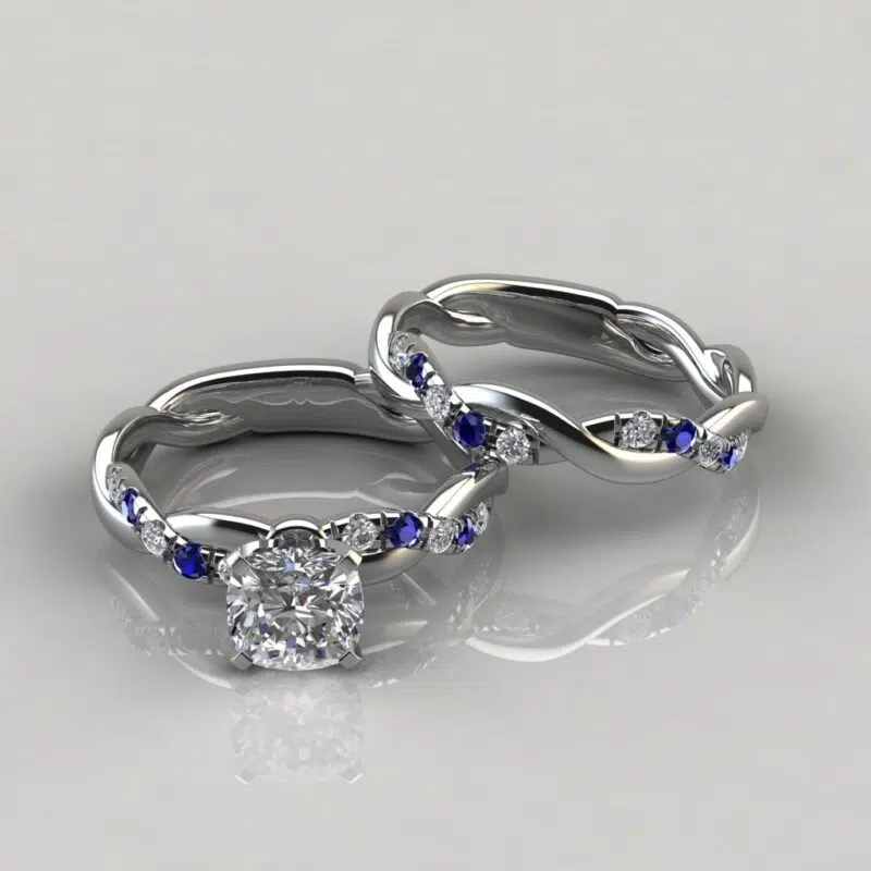 Twist Moissanite Cushion Cut Bridal Set With Blue Sapphires