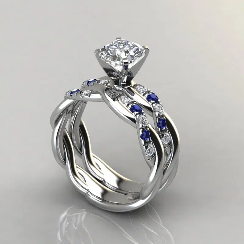 Twist Moissanite Cushion Cut Bridal Set With Blue Sapphires