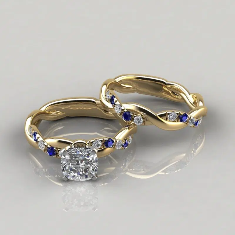 Twist Moissanite Cushion Cut Bridal Set With Blue Sapphires
