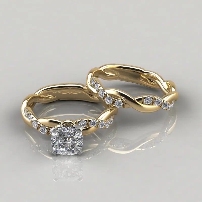 Twist Cushion Cut Moissanite Engagement Ring and Wedding Band Set
