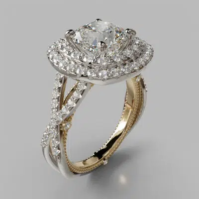 Two-Tone Double Halo Milgrain Cushion Cut Moissanite Engagement Ring Two-Tone Double Halo Milgrain Cushion Cut Moissanite Engagement Ring