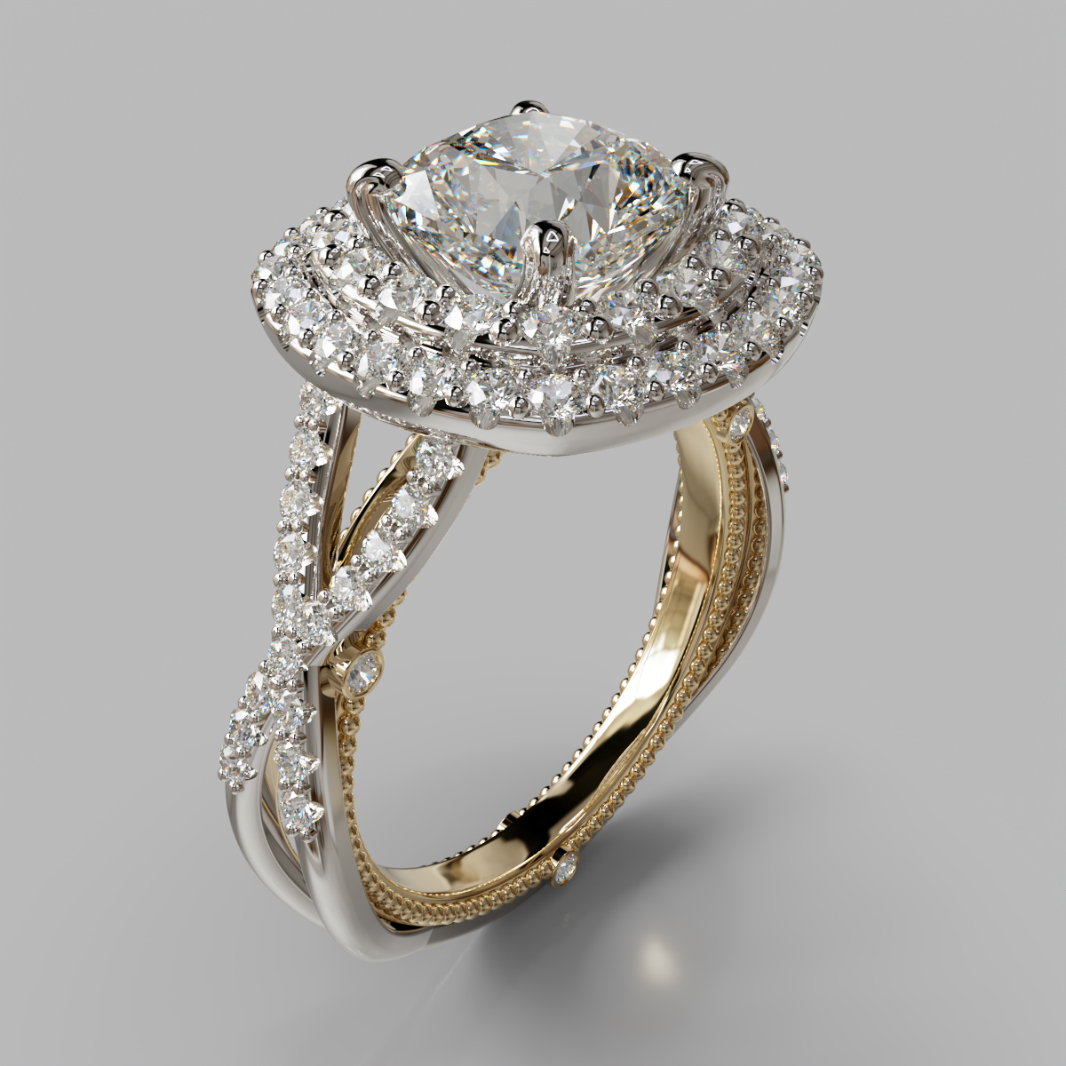 Two-Tone Double Halo Milgrain Cushion Cut Moissanite Engagement Ring