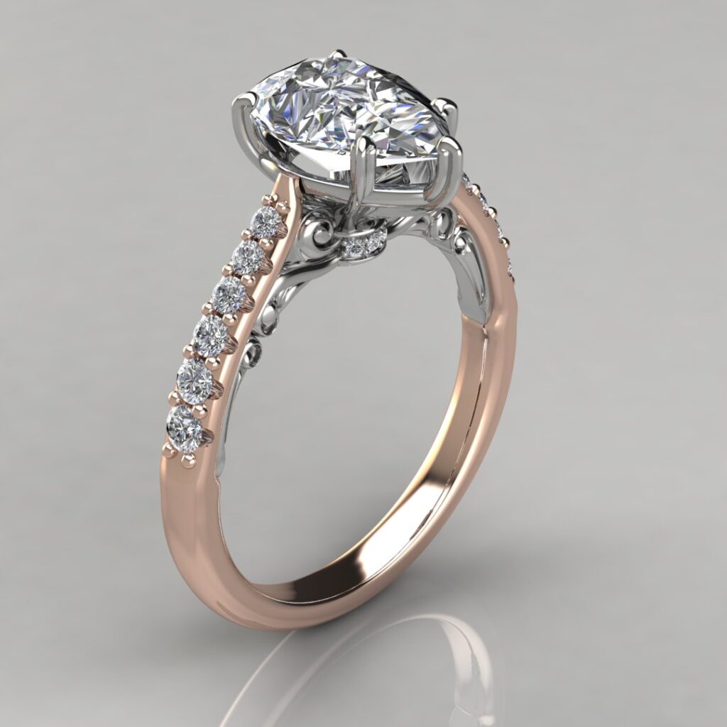 Two-Tone Engraved Pear Cut Moissanite Engagement Ring | Forever Moissanite