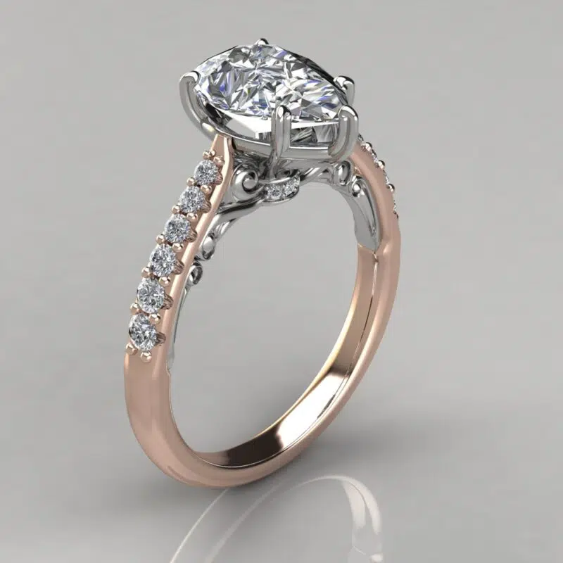 Two-Tone Engraved Pear Cut Moissanite Engagement Ring