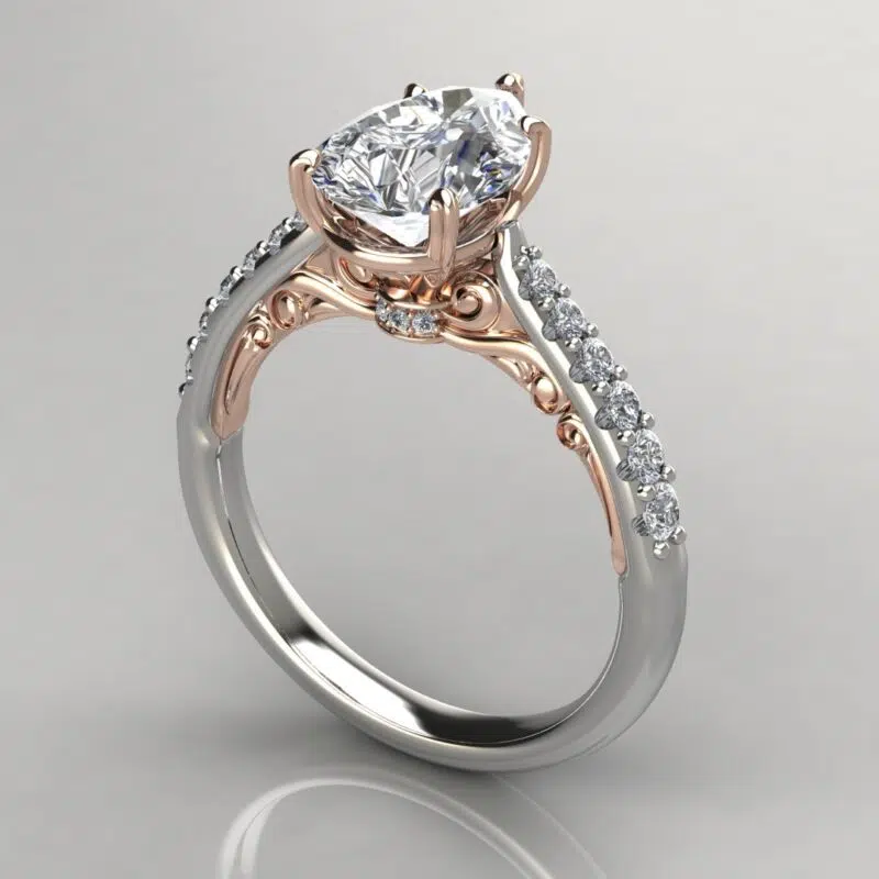 Two-Tone Engraved Pear Cut Moissanite Engagement Ring