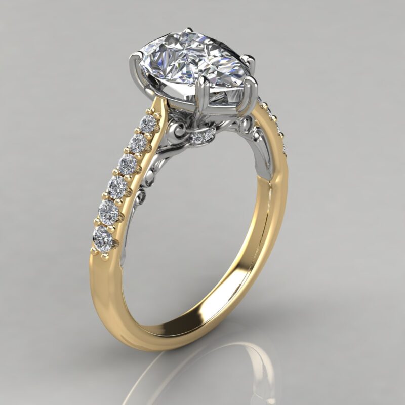 Two-Tone Engraved Pear Cut Moissanite Engagement Ring