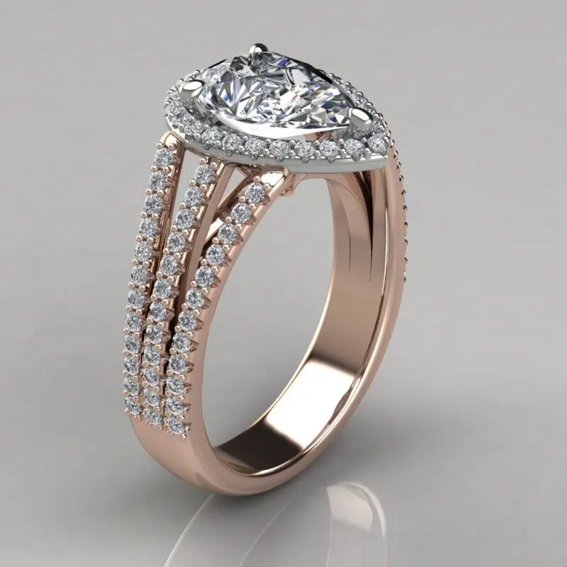 Three Row Halo Pear Cut Moissanite Engagement Ring